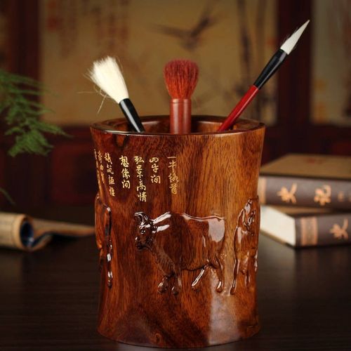 红木工艺品笔筒学生装饰摆件实木个性雕刻大号仿古五牛图文具木质创意